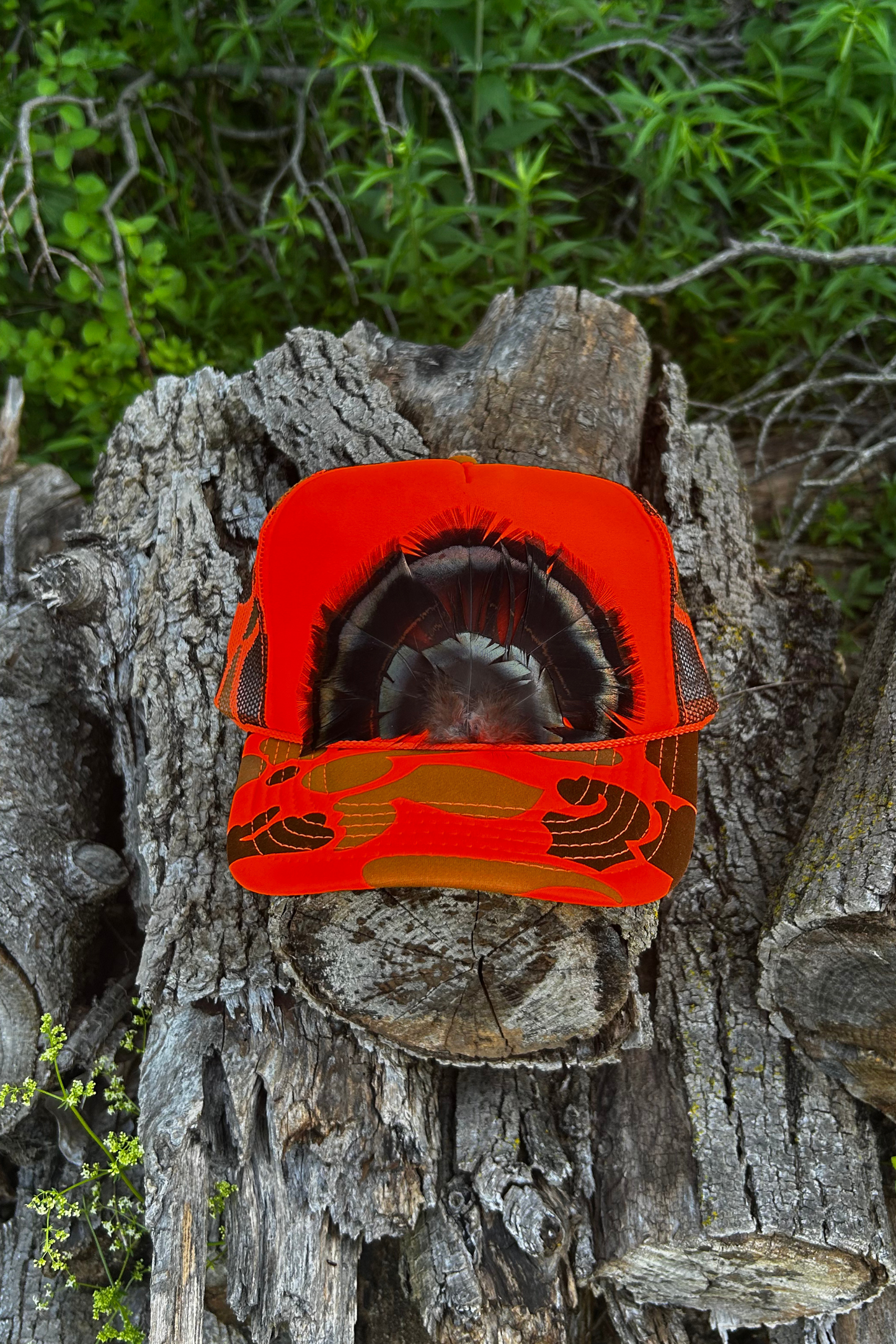 Hunter’s Flame Orange Camo Feather Trucker Hat