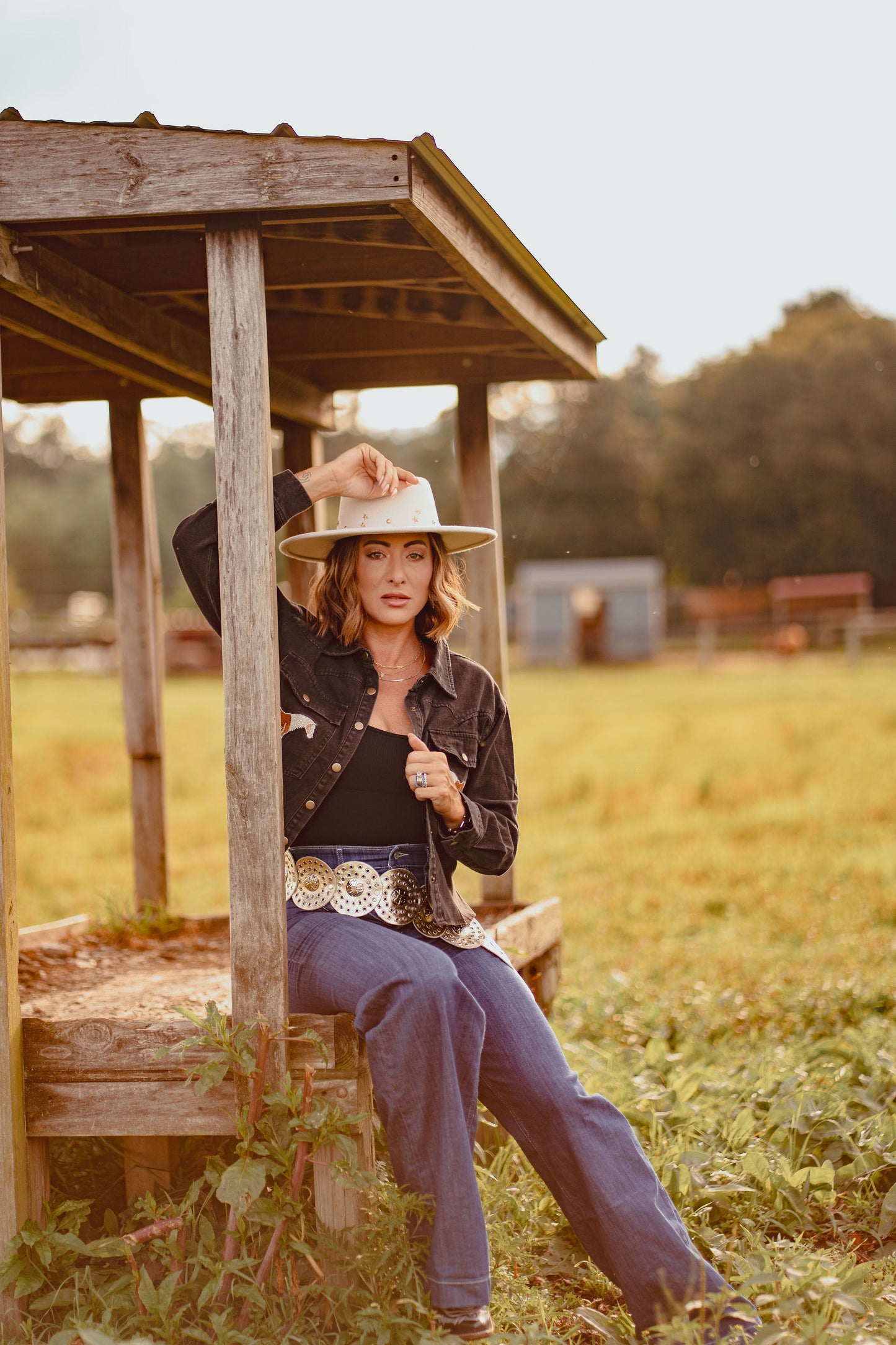 Black Horse Embroidered Cropped Denim Shirt
