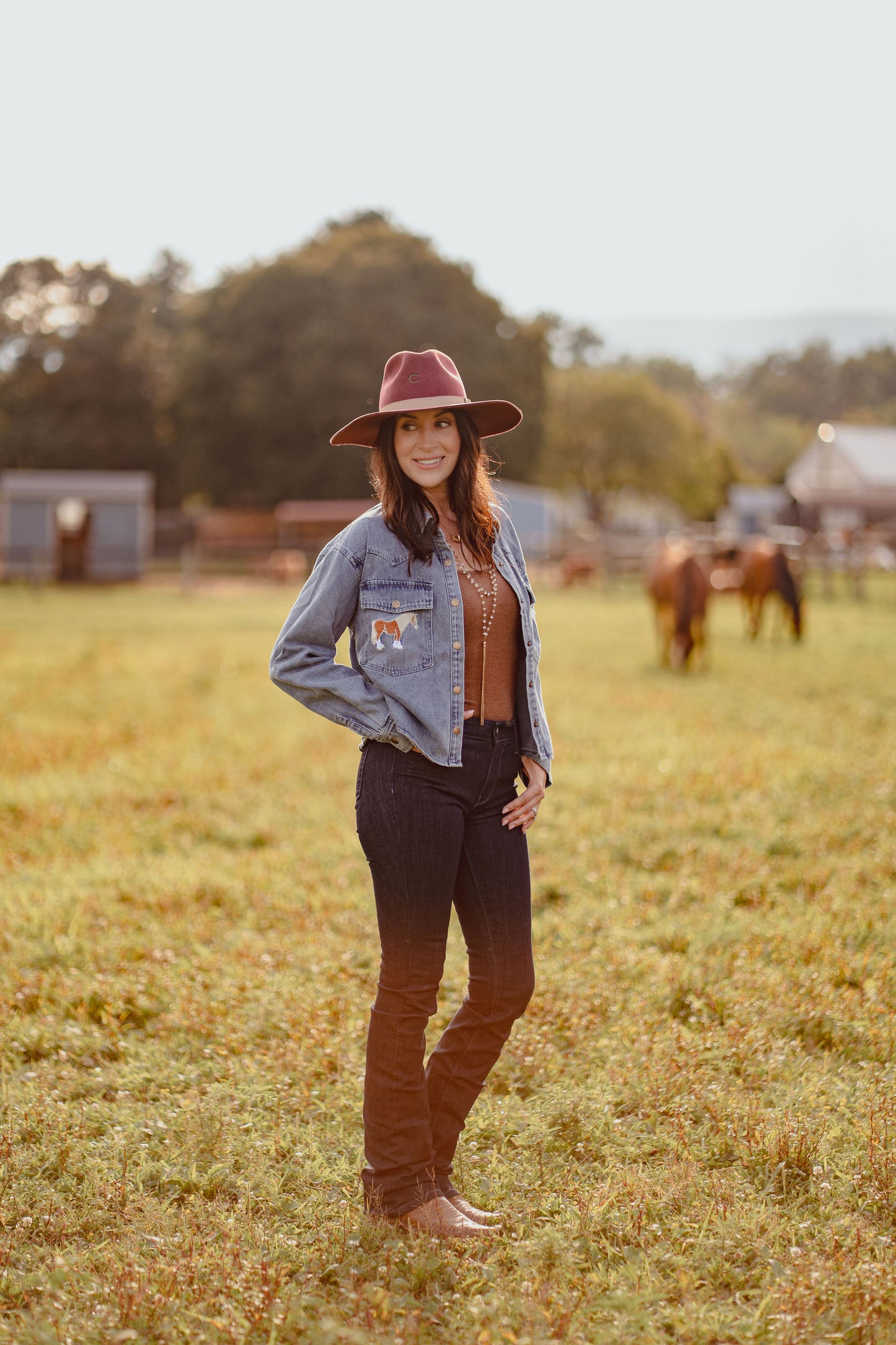 Blue Horse Embroidered Cropped Denim Shirt