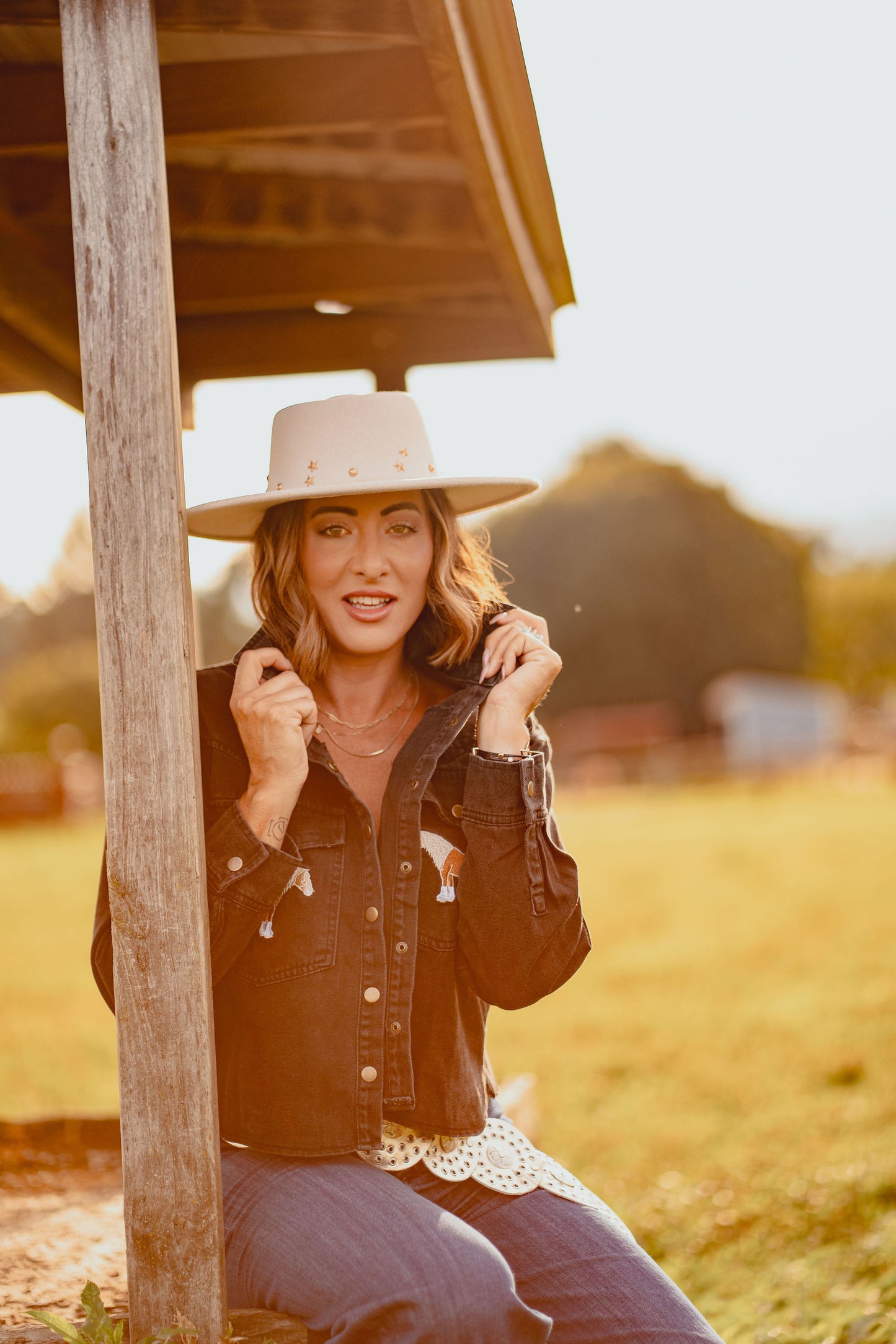 Black Horse Embroidered Cropped Denim Shirt
