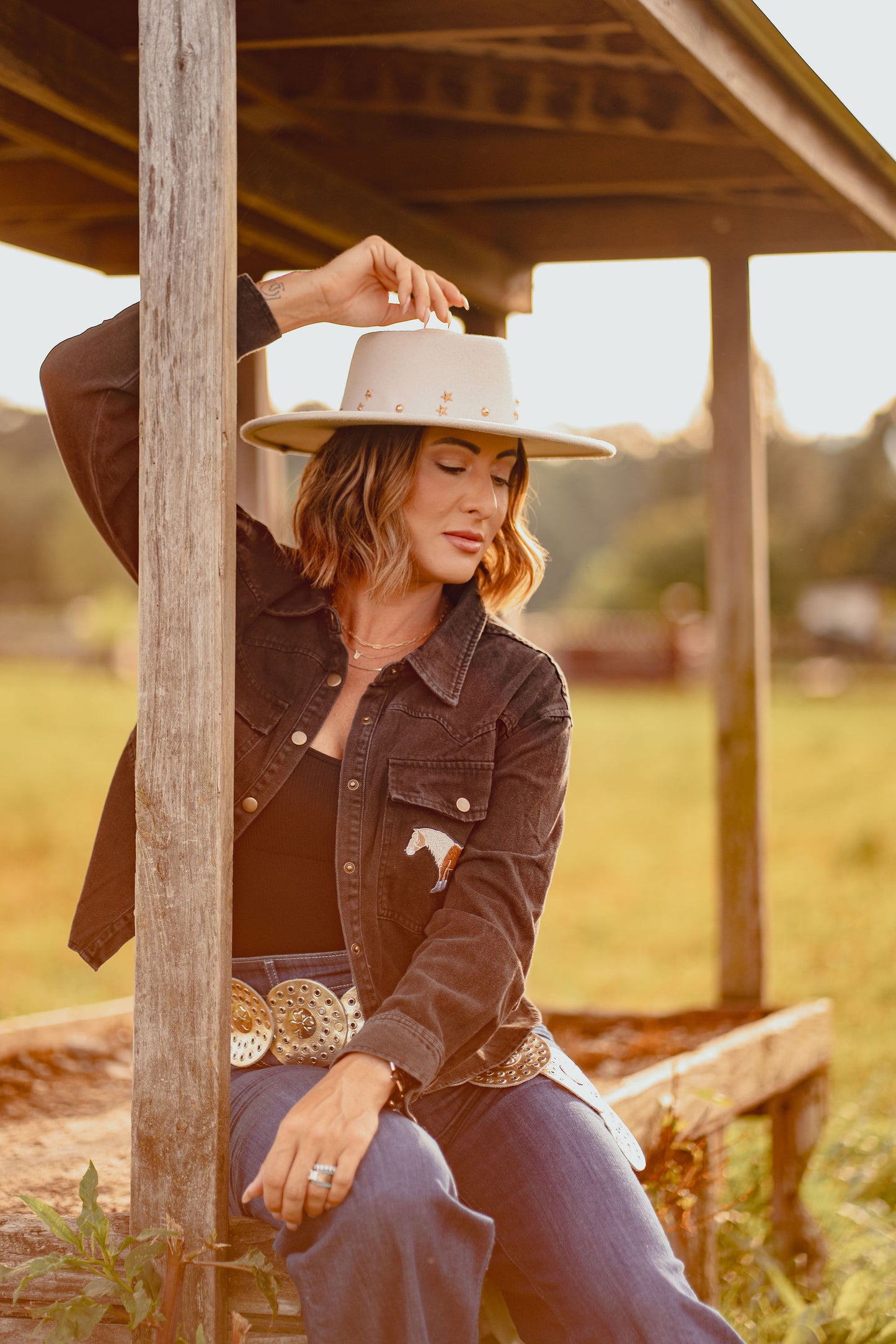 Black Horse Embroidered Cropped Denim Shirt