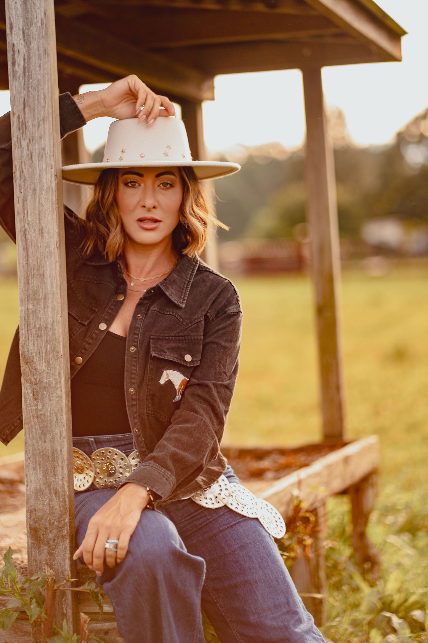 Black Horse Embroidered Cropped Denim Shirt