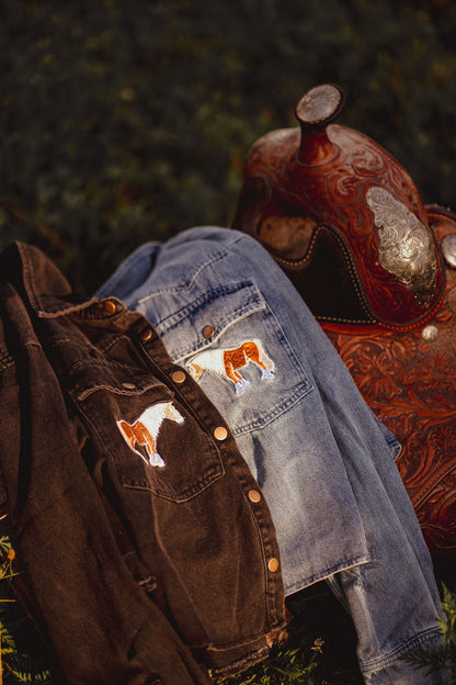 Black Horse Embroidered Cropped Denim Shirt