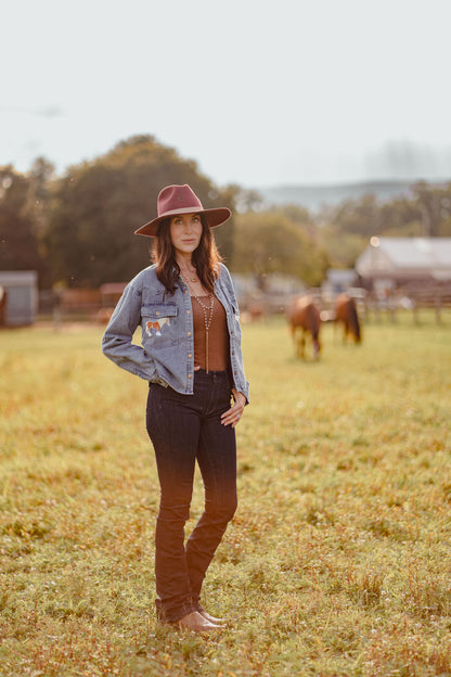 Blue Horse Embroidered Cropped Denim Shirt