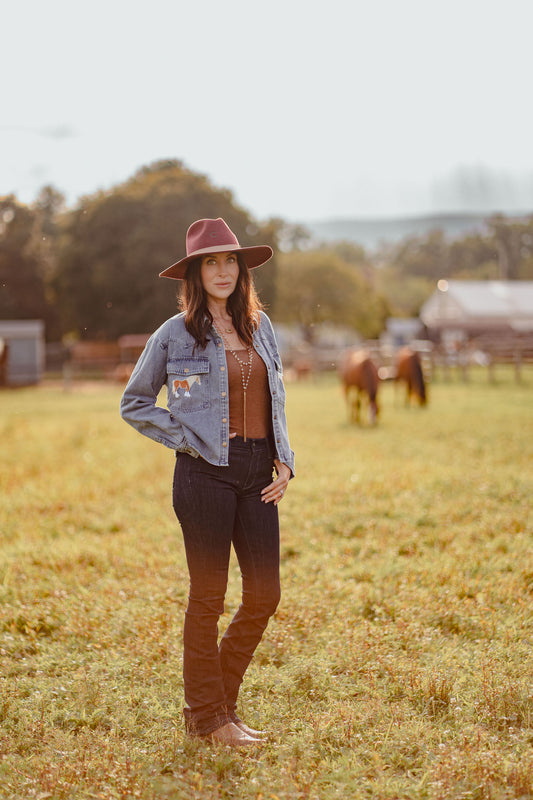 Blue Horse Embroidered Cropped Denim Shirt