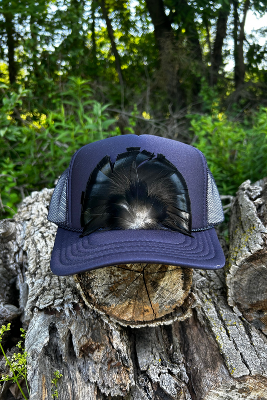 Midnight Strut Navy Feather Trucker Hat