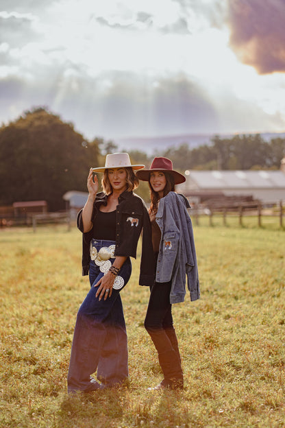 Black Horse Embroidered Cropped Denim Shirt