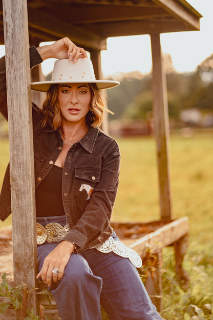Black Horse Embroidered Cropped Denim Shirt