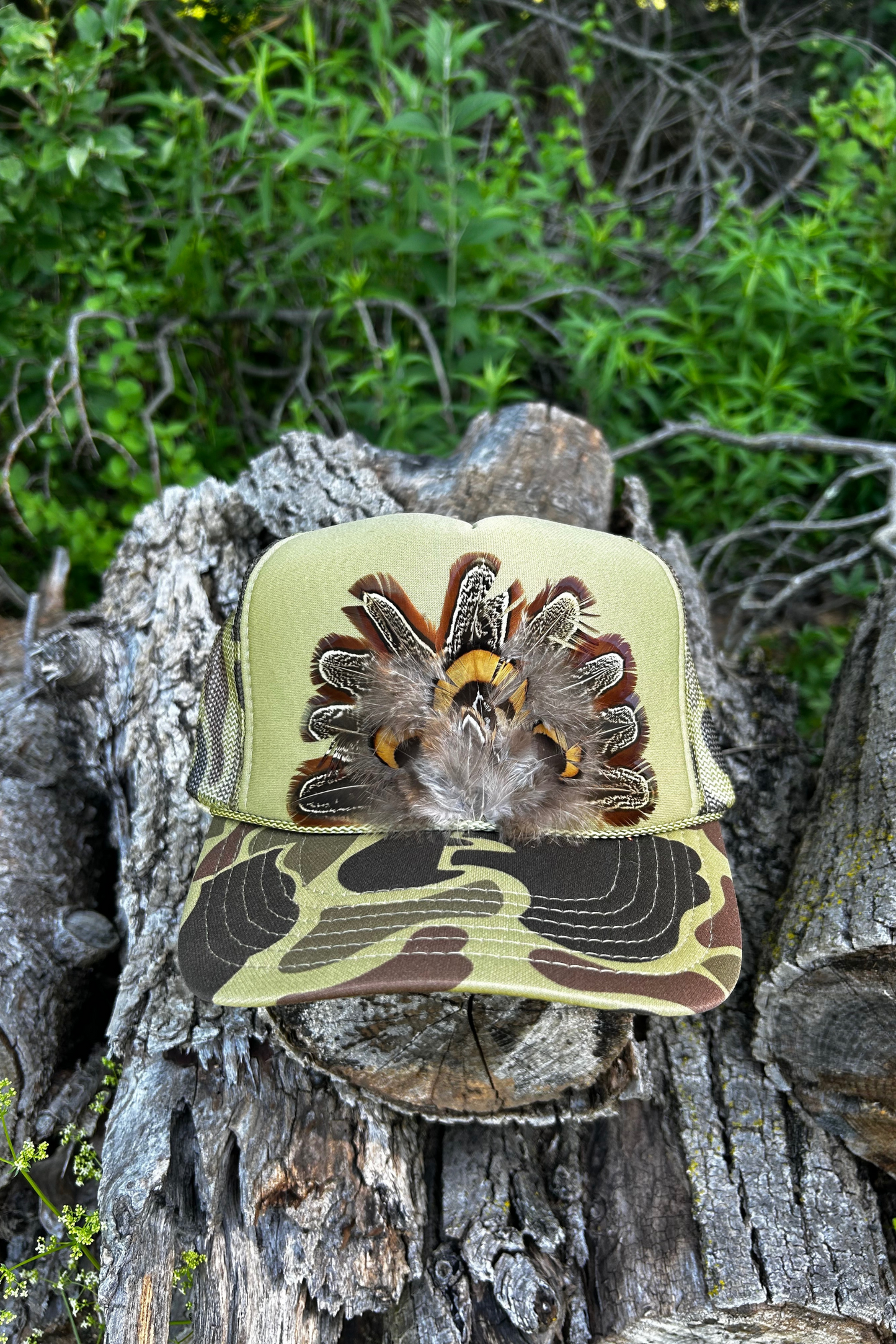 Hunter’s Hollow Green Camo Feather Trucker Hat